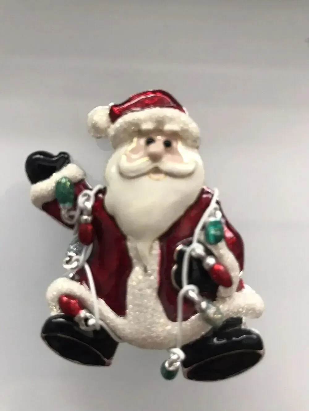 Silver Tone Glitter Enamel Santa Claus String Lights Brooch Pin Christmas